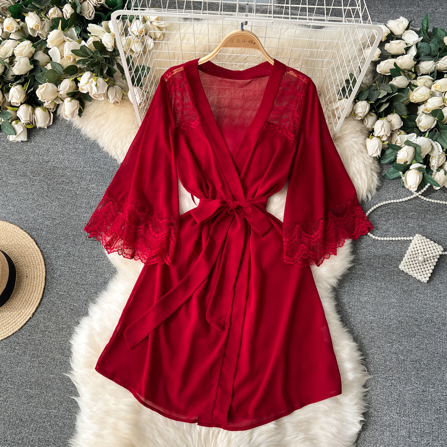 CHILLGIO Sexy Lace Patchwork Women Nightgowns V Neck Sash Nightie Nightwear Club Casual Fashion Loose Transparent Pajamas Dress