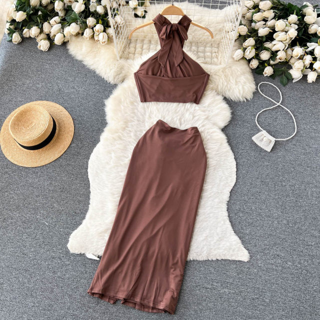 Summer Sexy Suit Women's Halter Neck Cross Wrap Top + Slit Temperament Package Buttocks Mid-length Skirt Two-piece Set