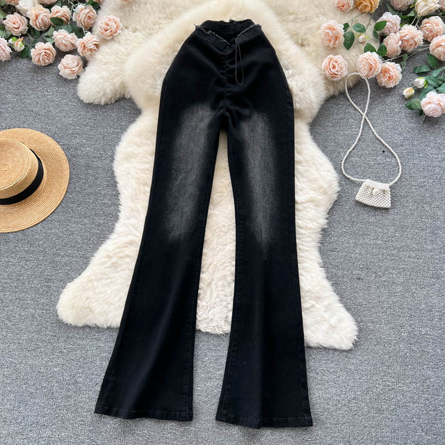 Spring and autumn new Korean version of the raw edge high waist slit jeans female drawstring hot girl all-match design micro flared trousers