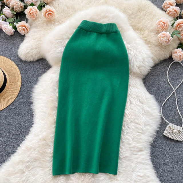 Simple solid color skirt winter with sweater high waist shows thin temperament split stretch knitted hip mid-length skirt