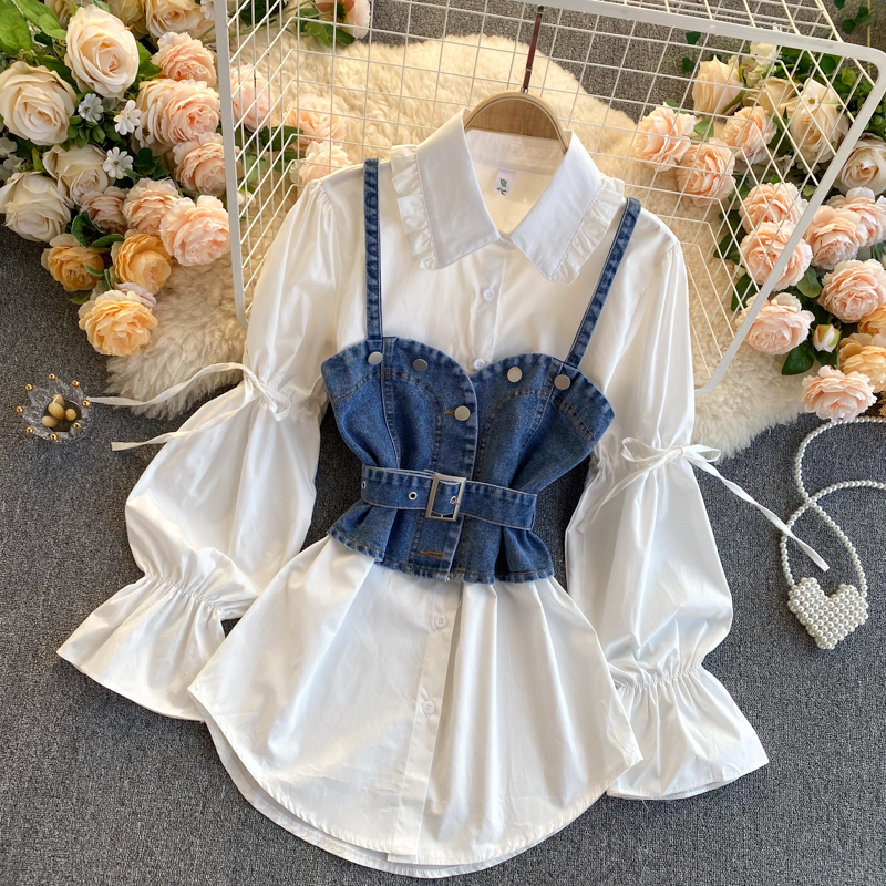 Hong Kong Style Retro Shirt for Women with Unique Design, Puff Sleeves, Loose Fit, Versatile Denim Camisole Layered Two-Piece Set