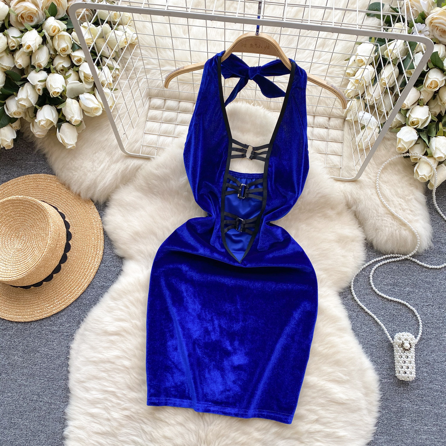 Chillgio sexy rücken freie Velours Frauen Kleid solide erotische Nachthemd Sommerkleid schlanke Halfter Vestido Club Mode Mini Bleistift Nachthemden – Detail 13