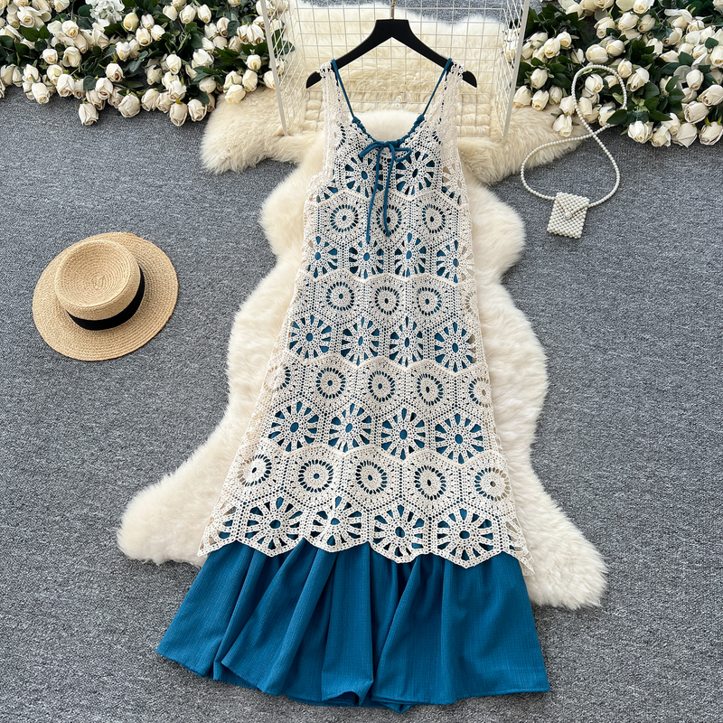 Travel Vacation Dress for Women, Layered Design, Two-Piece Set, Korean Style Hollow Crochet Knitted Tank Dress, Suspender Dress