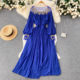 French style high-end beaded round neck dress summer women's light and familiar wind waist slimming blue A-line dress