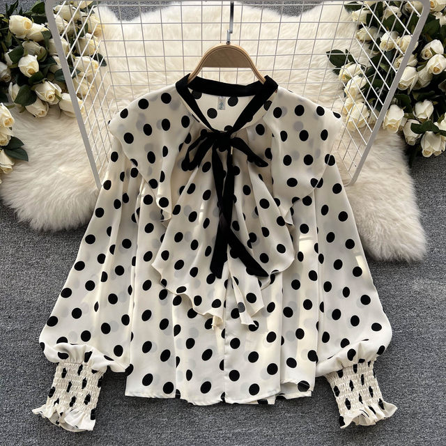 French polka dot shirt women's design sense niche lotus leaf trim slim sweet streamer age-reducing chiffon top women's spring