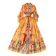 Spring new design sense French retro stand collar puff sleeves printed dress female ethnic style big swing long skirt