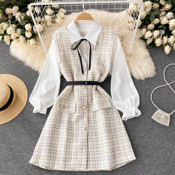 Celebrity style early autumn new suit female puff sleeve shirt houndstooth strap dress design sense two-piece tide