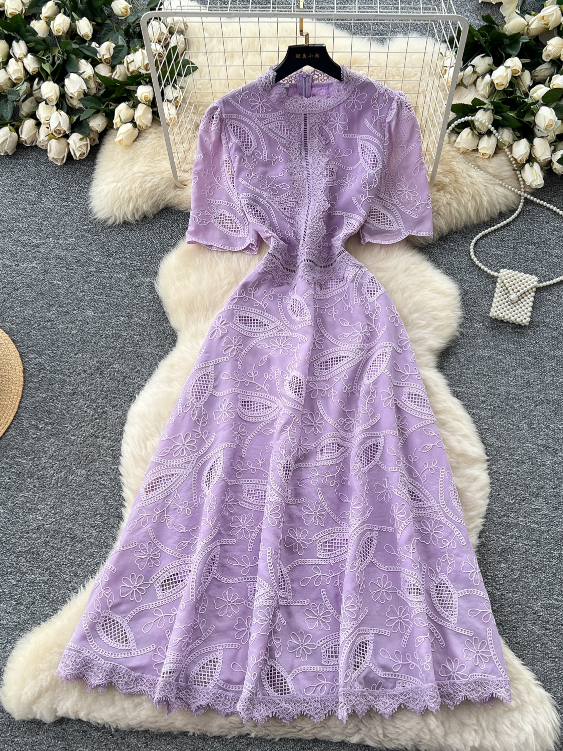 French high-end retro heavy industry embroidered waist short-sleeved dress - Image 3