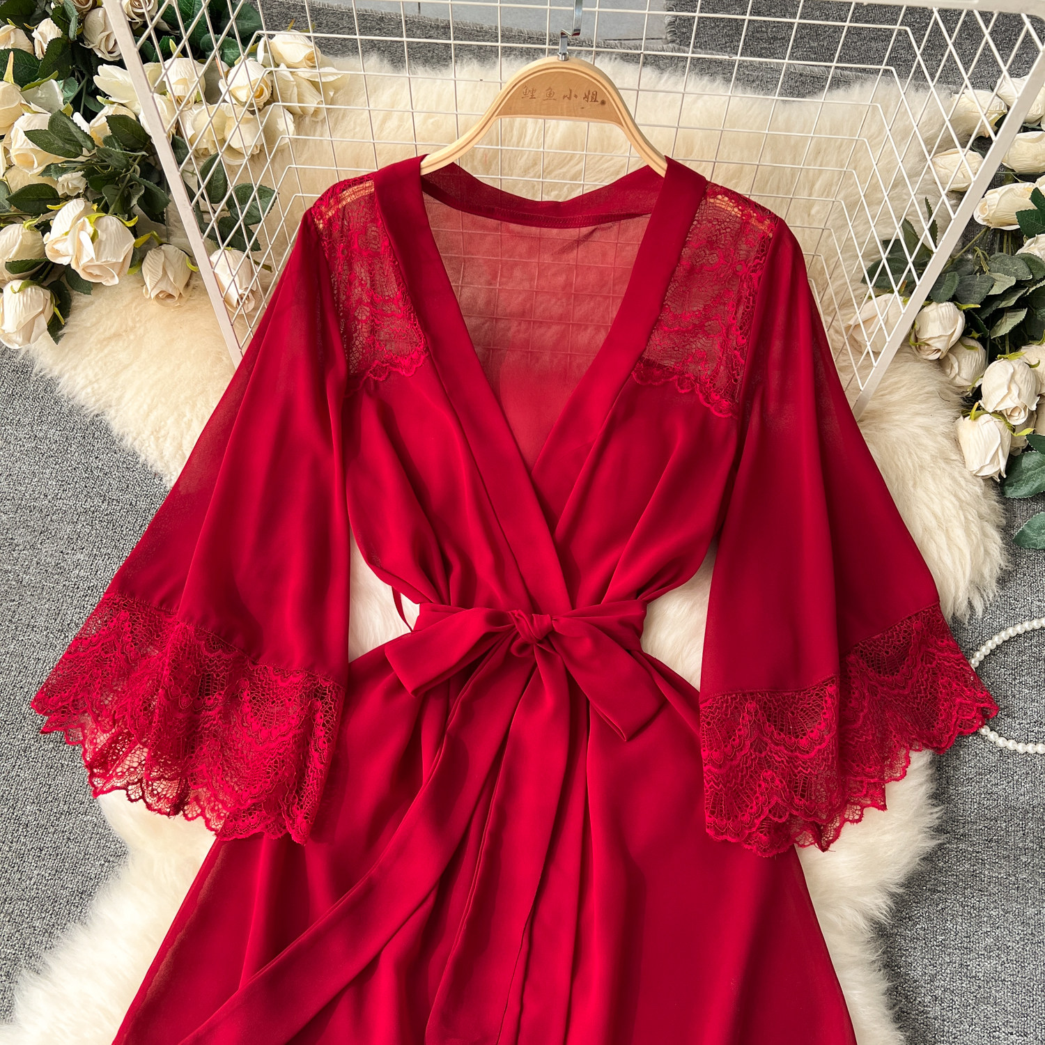 CHILLGIO Sexy Lace Patchwork Women Nightgowns V Neck Sash Nightie Nightwear Club Casual Fashion Loose Transparent Pajamas Dress