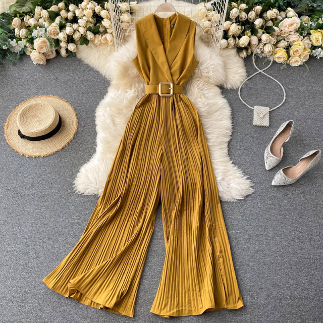 Hong Kong-style retro trend jumpsuit women's suit collar sleeveless straps waist slimming light familiar royal sister high waist wide-leg pants