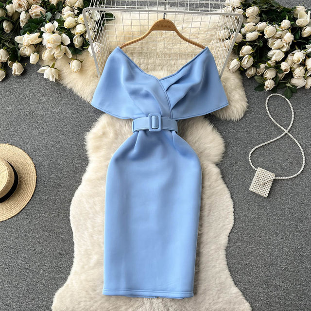 Spring and summer temperament feminine dress women's fashion V-neck ruffled short-sleeved waist bag hip celebrity evening dress