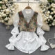 French retro oil painting printed vest + mid-length pleated puff sleeve white shirt women's two-piece set