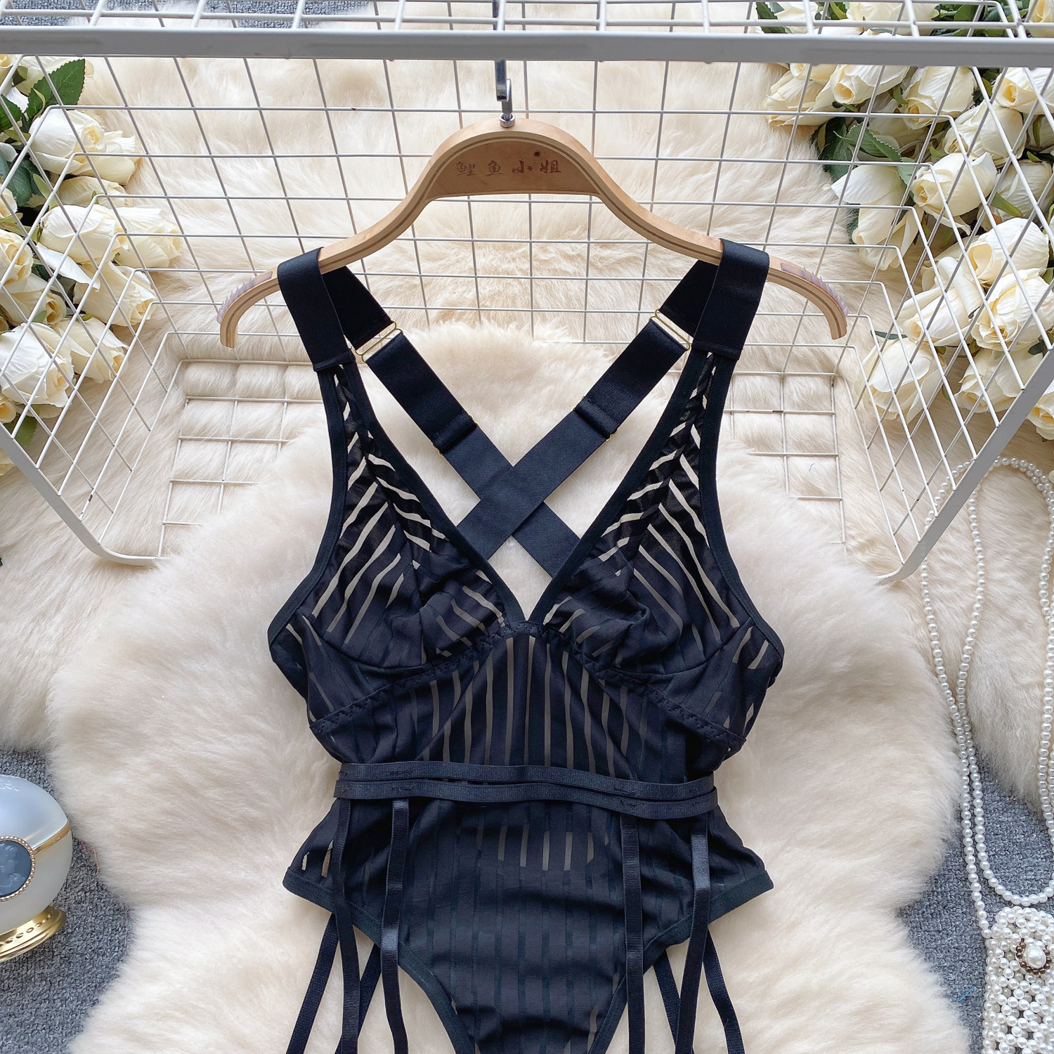 Chillgio Frauen sexy transparente gestreifte Riemchen Stram pler Dessous einteilige Kombination Cat suits Mode Bodycon Mesh Bodys – Detail 3