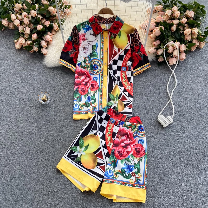 Banulin 2021 New Summer Runway Two Piece Shorts Set Women's Short Sleeve Color Matching Flower Print Shirts＋Shorts Suits N56621 plus size jogger set