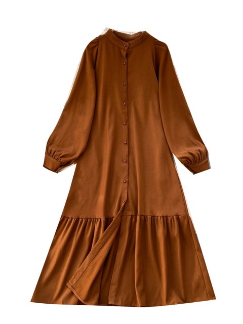 Spring Dress 2025 New Style Lazy Casual Round Neck Single-Breasted Lantern Sleeve Loose Ruffle Cardigan Long Dress