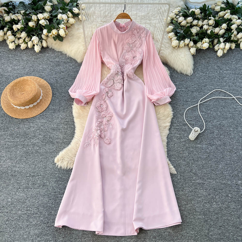 French-Style Gentle Flare-Sleeve Dress with Three-Dimensional Floral Embroidery, Long Sleeves, High Waist, Slimming A-Line Skirt French-Style Gentle Flare-Sleeve Dress with Three-Dimensional Floral Embroidery, Long Sleeves, High Waist, Slimming A-Line Skirt