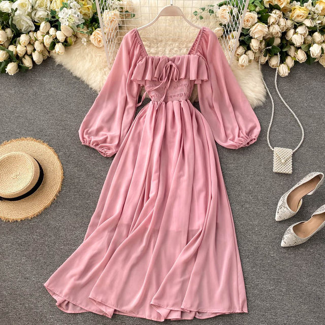 Chic gentle wind dress autumn 2020 new women's French retro square collar foreign bubble puff sleeve chiffon skirt