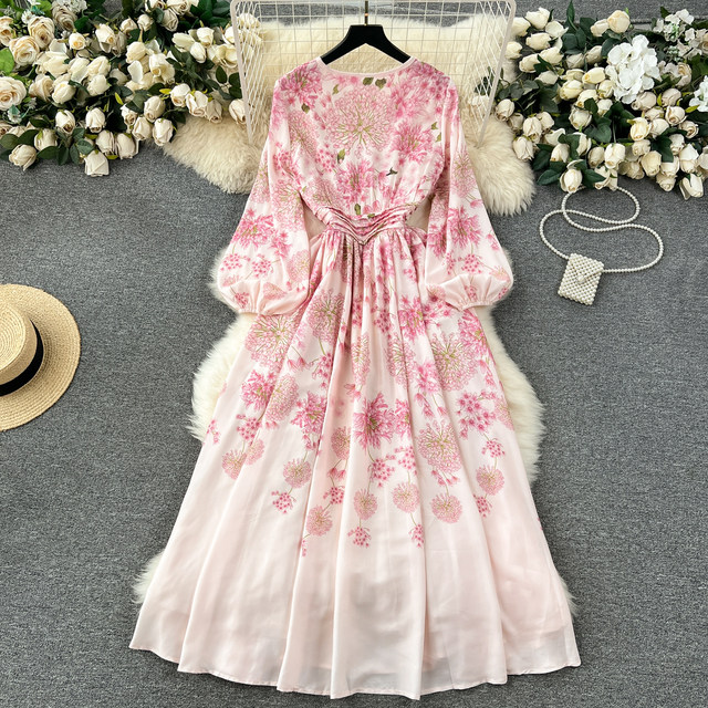 Romantic French gentle style printed dress women's small fresh round neck tie high waist slim elegant long skirt