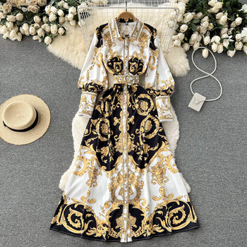 High-end dress luxury big-name palace retro print puff sleeves tie waist slim temperament big swing long skirt