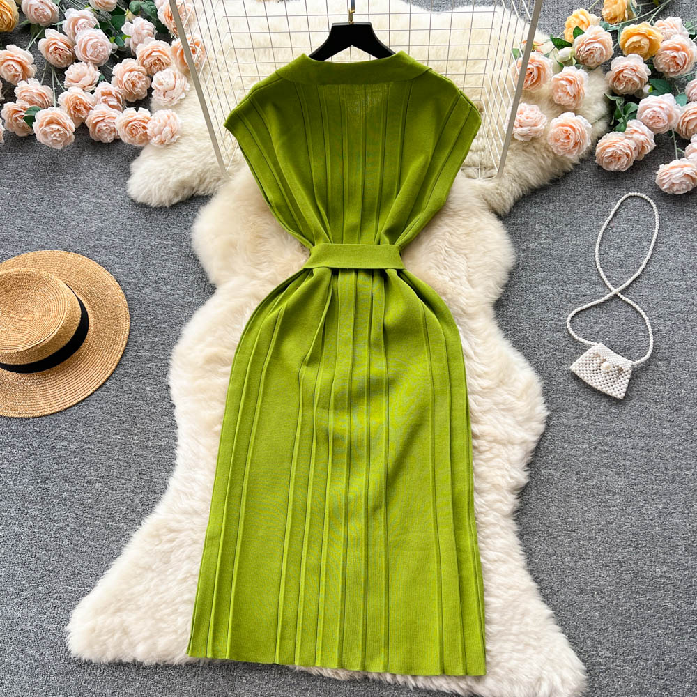 Summer Sleeveless Polo Collar Knitting Casual Dress Women High Waist ...