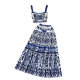 European and American style blue and white porcelain printing suit women's summer pure desire revealing waist camisole + high waist mid-length skirt