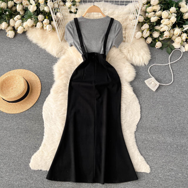 Summer new temperament retro style suit women's short-sleeved solid color top elastic bag hip suspender fishtail skirt two-piece set