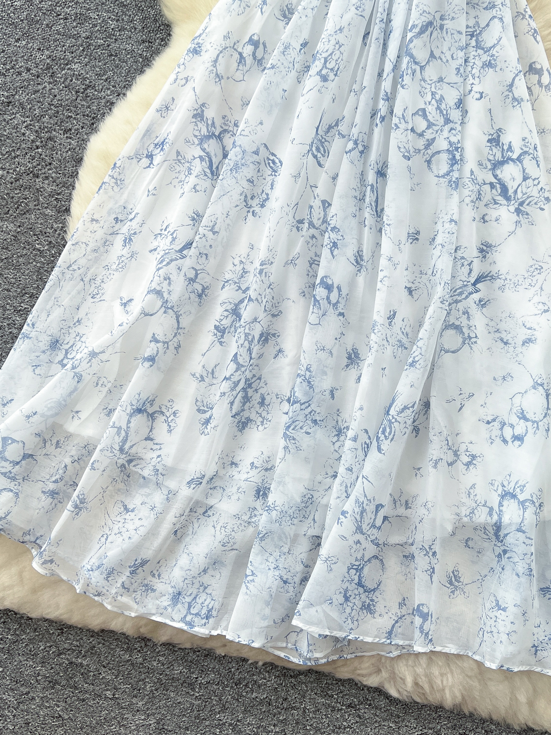 French super fairy style square neck puff sleeves waisted floral dress - Image 9