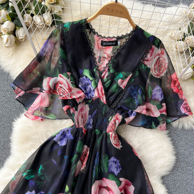 Summer V-neck printed chiffon dress women's waist waist showing thin temperament ruffled short-sleeved waist first love fairy dress