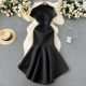 Summer sexy lace embroidery stitching irregular skirt dress female short-sleeved waist bag hip black evening dress