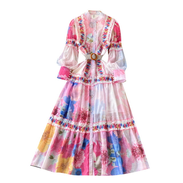 Ethnic style lantern sleeve dress summer women's French style beautiful waist slimming printed temperament A-line long skirt
