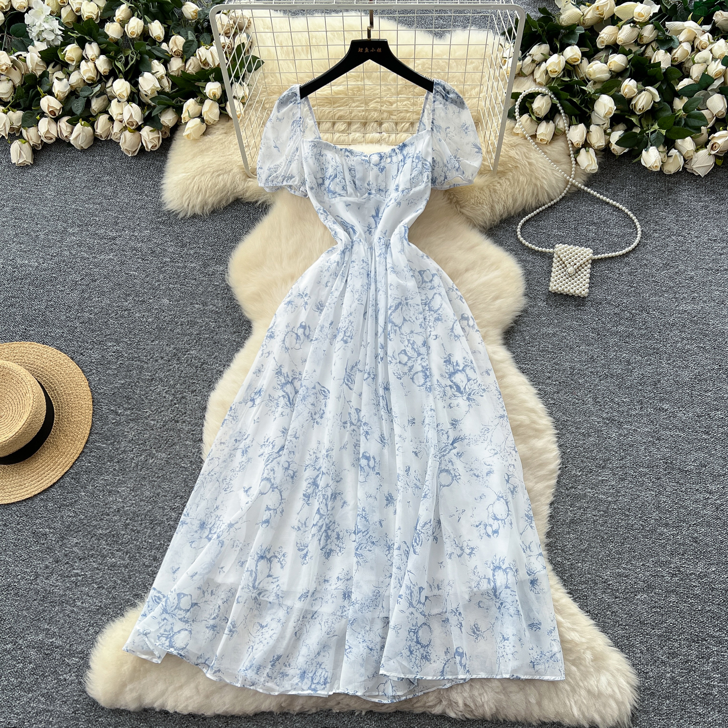 French super fairy style square neck puff sleeves waisted floral dress