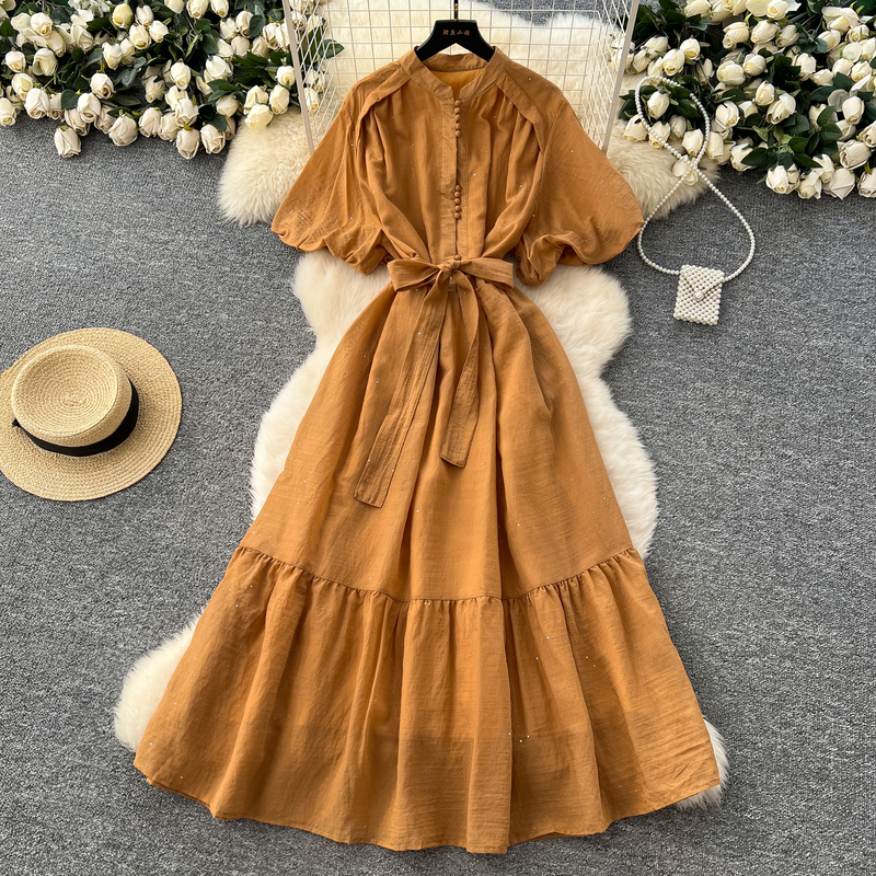 French-Style Fashion Stand-Up Collar Lantern Sleeve Tie Waist Dress for Women, Slimming and Elegant, Shiny Ruffled Long Dress