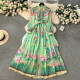 European palace style dress, spring dress, feminine style, stand collar, buttoned, slim long chiffon print holiday dress