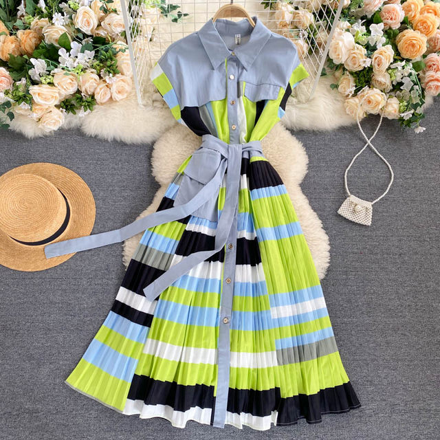 Youa Yousa Women's Clothing 2020 New Summer Design Irregular Color Matching Lace Waist Pleated Long Dress