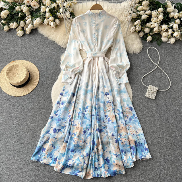 Spring new Korean version stand-up collar splicing floral chiffon dress female super fairy series big swing pleated over-the-knee long skirt