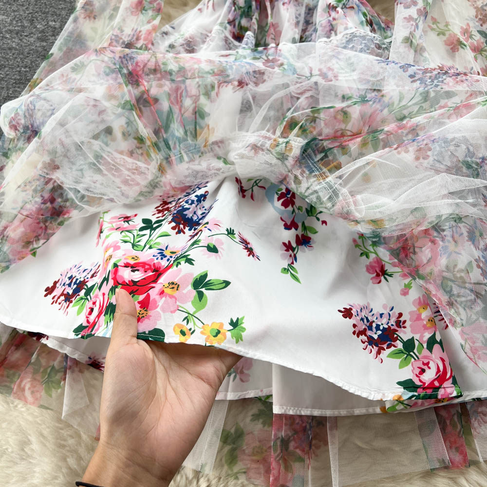 法式甜美印花爆款灯笼长袖秋装连衣裙女装韩版收腰蕾丝边中长裙子详情12
