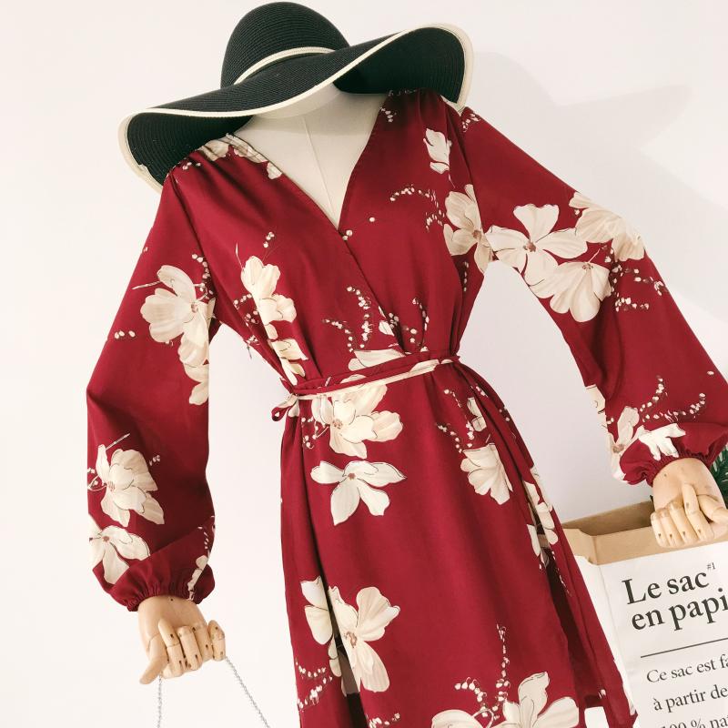 Ins siêu lửa kỳ nghỉ gió V-Cổ in phun tay áo cao eo tie bên bờ biển ảnh siêu cổ tích Một từ váy váy nữ váy voan xòe