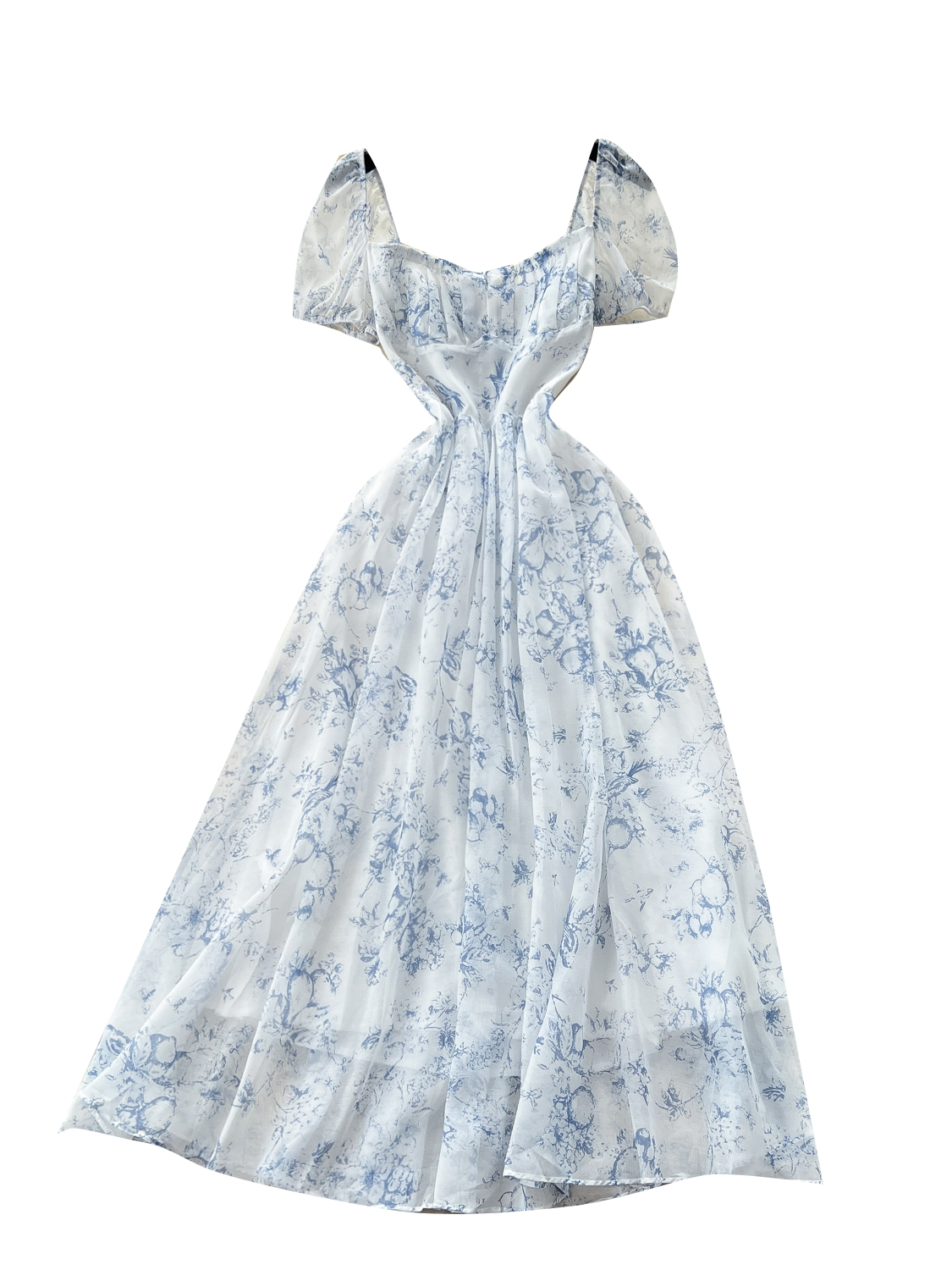 French super fairy style square neck puff sleeves waisted floral dress - Image 11