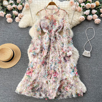 Chiffon mesh printed hollow dress women's 2022 autumn temperament temperament waist cake skirt swing over the knee long skirt