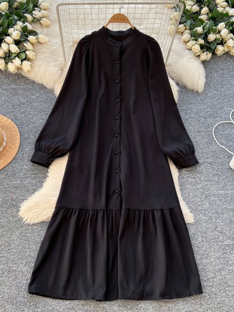 Spring Dress 2025 New Style Lazy Casual Round Neck Single-Breasted Lantern Sleeve Loose Ruffle Cardigan Long Dress