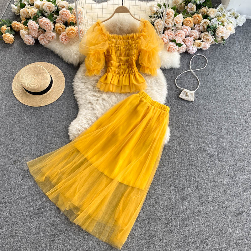 YellowXianqi Celebrity temperament suit 2021 new pattern female have cash less than that is registered in the accounts jacket Sweet Netting skirt Age reduction Two piece set