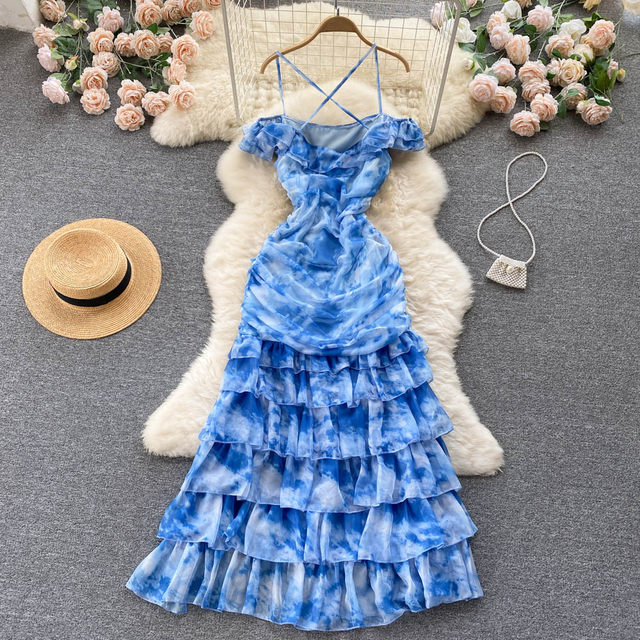 Niche tie-dye suspender strapless dress super fairy one-shoulder fashion temperament slim waist slimming cake long skirt