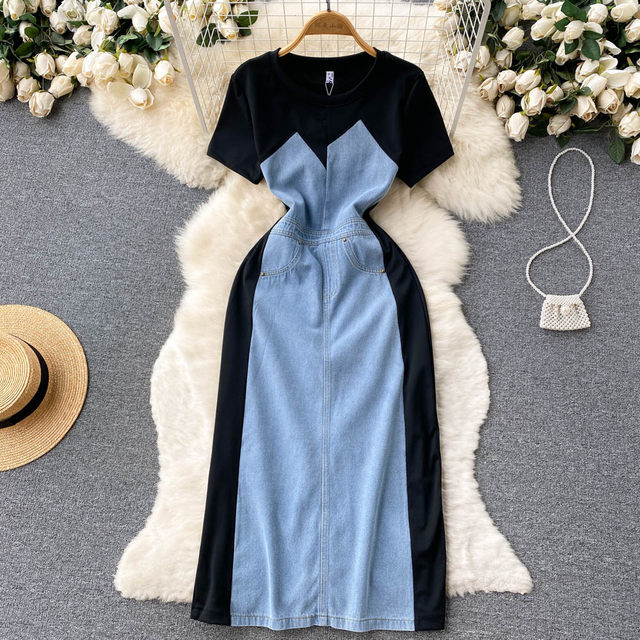 High-end cold wind contrast color denim splicing dress skirt summer women's chic and beautiful waist mid-length skirt trendy