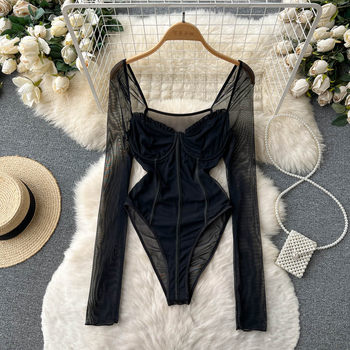 Pure lust style spring and autumn mesh long-sleeved spliced ​​square neck tube top sexy high-cut jumpsuit for hot girls trendy jumpsuit