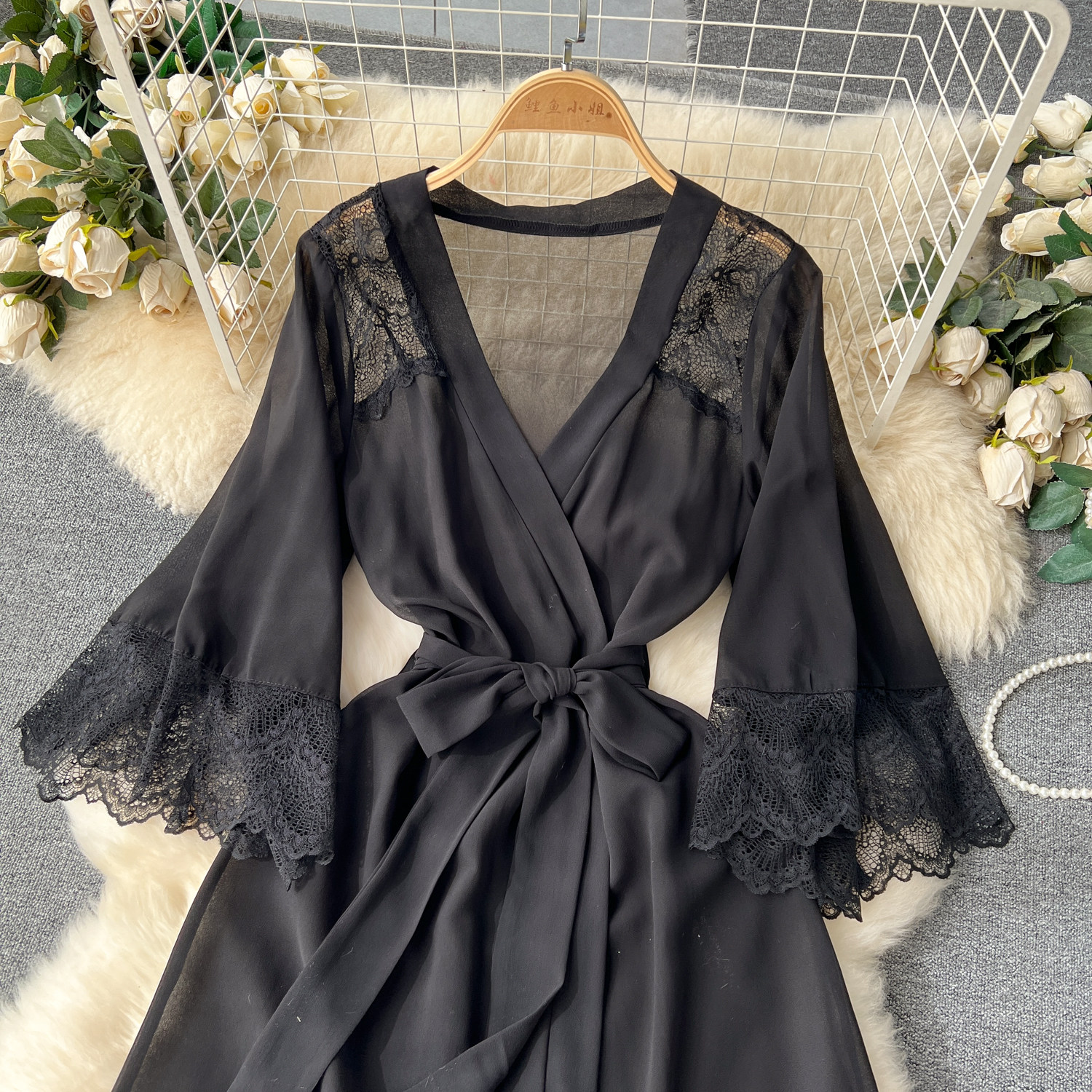 CHILLGIO Sexy Lace Patchwork Women Nightgowns V Neck Sash Nightie Nightwear Club Casual Fashion Loose Transparent Pajamas Dress