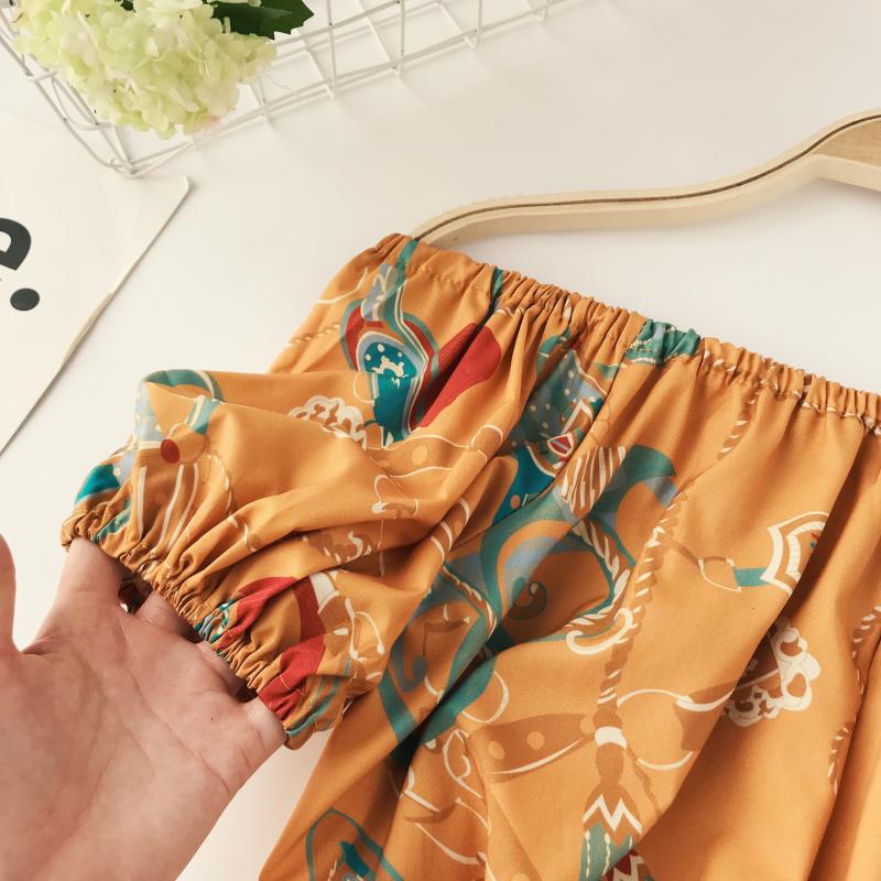 Mùa hè 2018 mới in retro phong cách quốc gia từ cổ áo quây tay áo ngắn đoạn thắt eo áo sơ mi nữ sơ mi công sở nữ