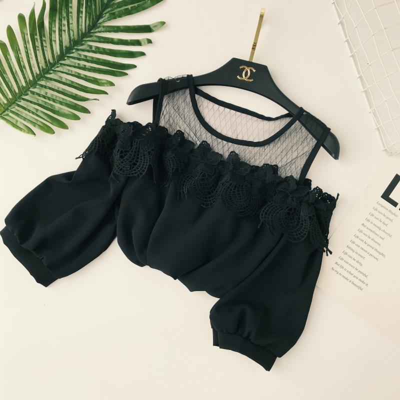 Ưu đãi đặc biệt thời trang Hàn Quốc ren ngọt ngào cổ tròn quây lưới openwork lưới phồng tay áo ngắn tay áo voan sơ mi áo trắng cổ cồn