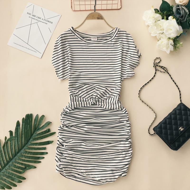 Châu âu và Hoa Kỳ phiên bản lớn của tính khí đơn giản sọc vòng cổ bat ngắn tay slim slimming sexy xếp li gói hip dress nữ 	váy xoắn eo	