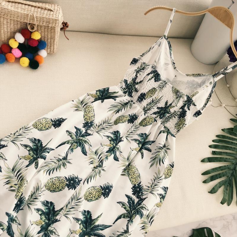Bên bờ biển kỳ nghỉ dứa in V-Cổ pocket cao eo slim strap dress Một từ pettiskirt bãi biển váy nữ triều đầm xòe tuổi trung niên