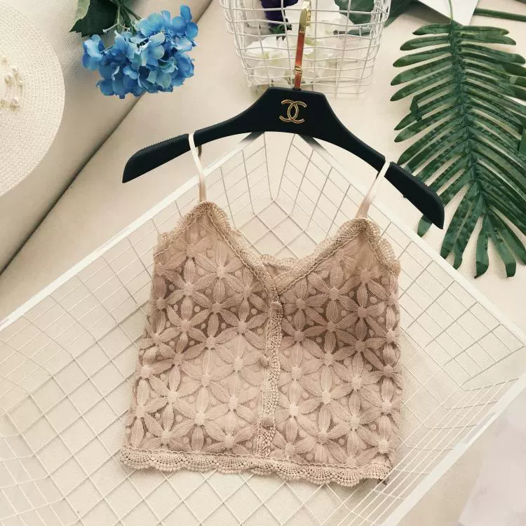 Chic nhẹ nhàng ren hoa V-cổ móc hoa Slim ngắn khí chất hoang dã đáy vest vest hàng đầu